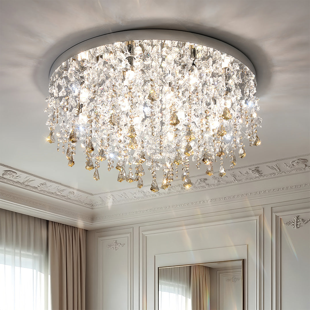 Glass flush mount ceiling light mounted in a refined bedroom with decorative ceiling trim and mirror.