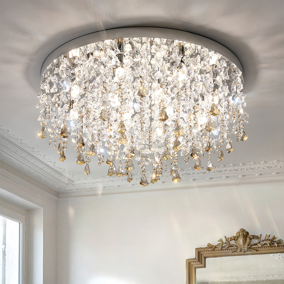 Close-up view of a glass flush mount ceiling light with sparkling crystal strands and chrome frame.