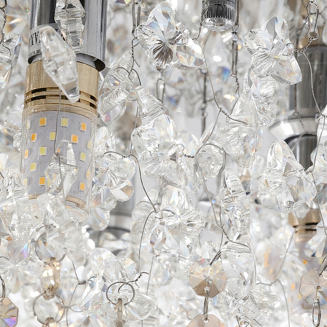 Detailed close-up of the glass flush mount ceiling light showing layered crystal and glass elements.