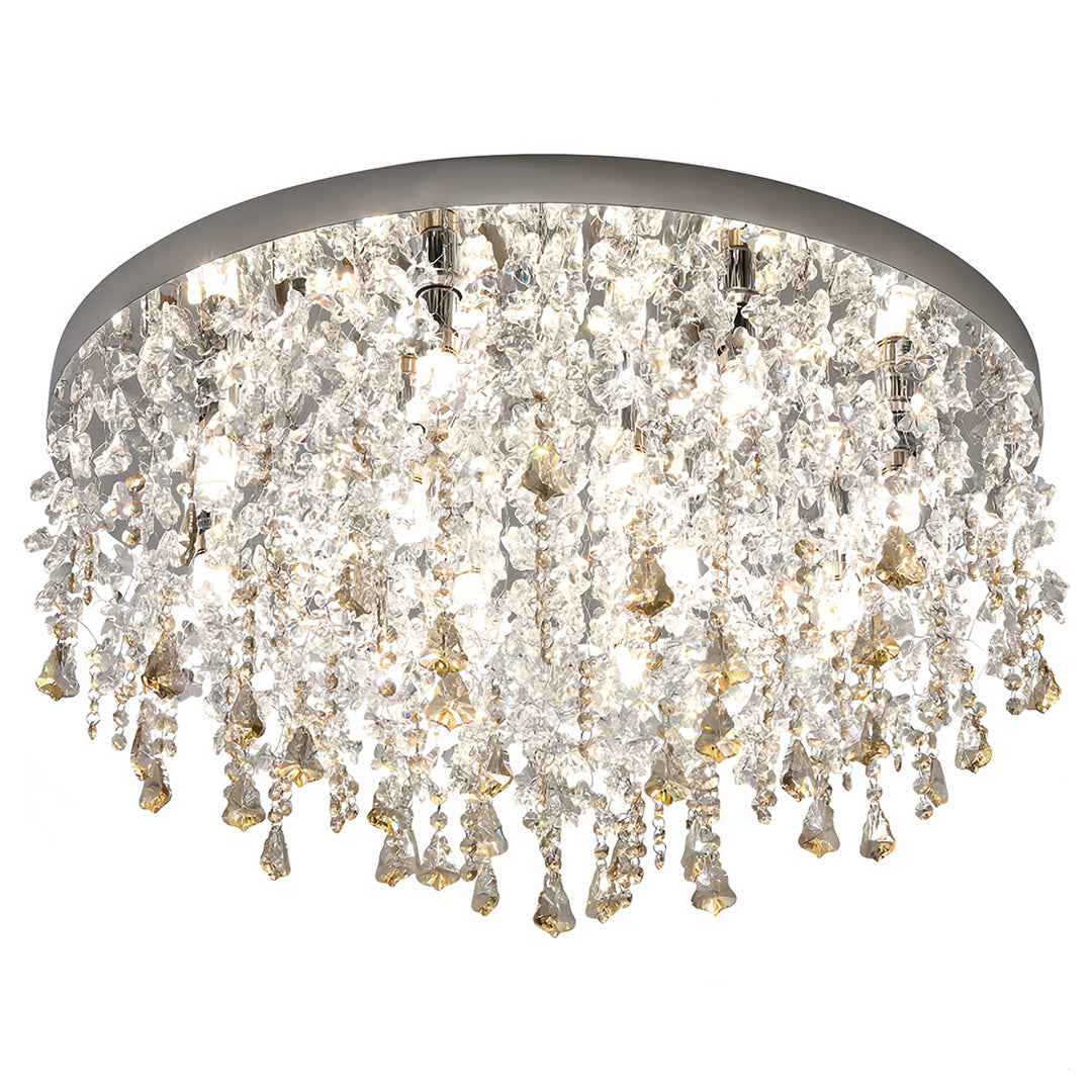 Glass flush mount ceiling light isolated on a white background with layered crystal fringe design.