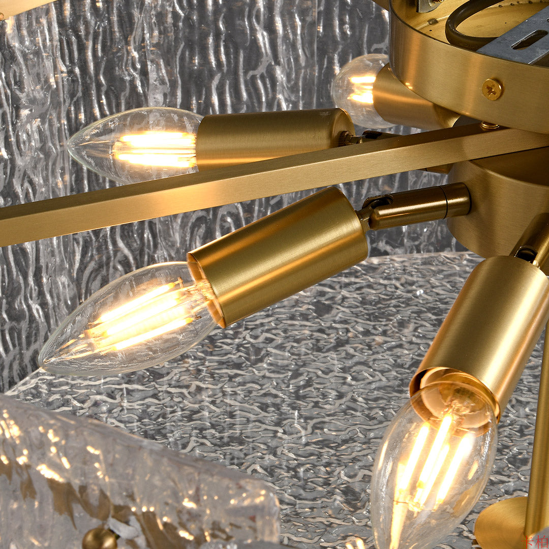 Modern luxury chandeliers style glass flush mount lighting close-up with gold hardware and crystal texture