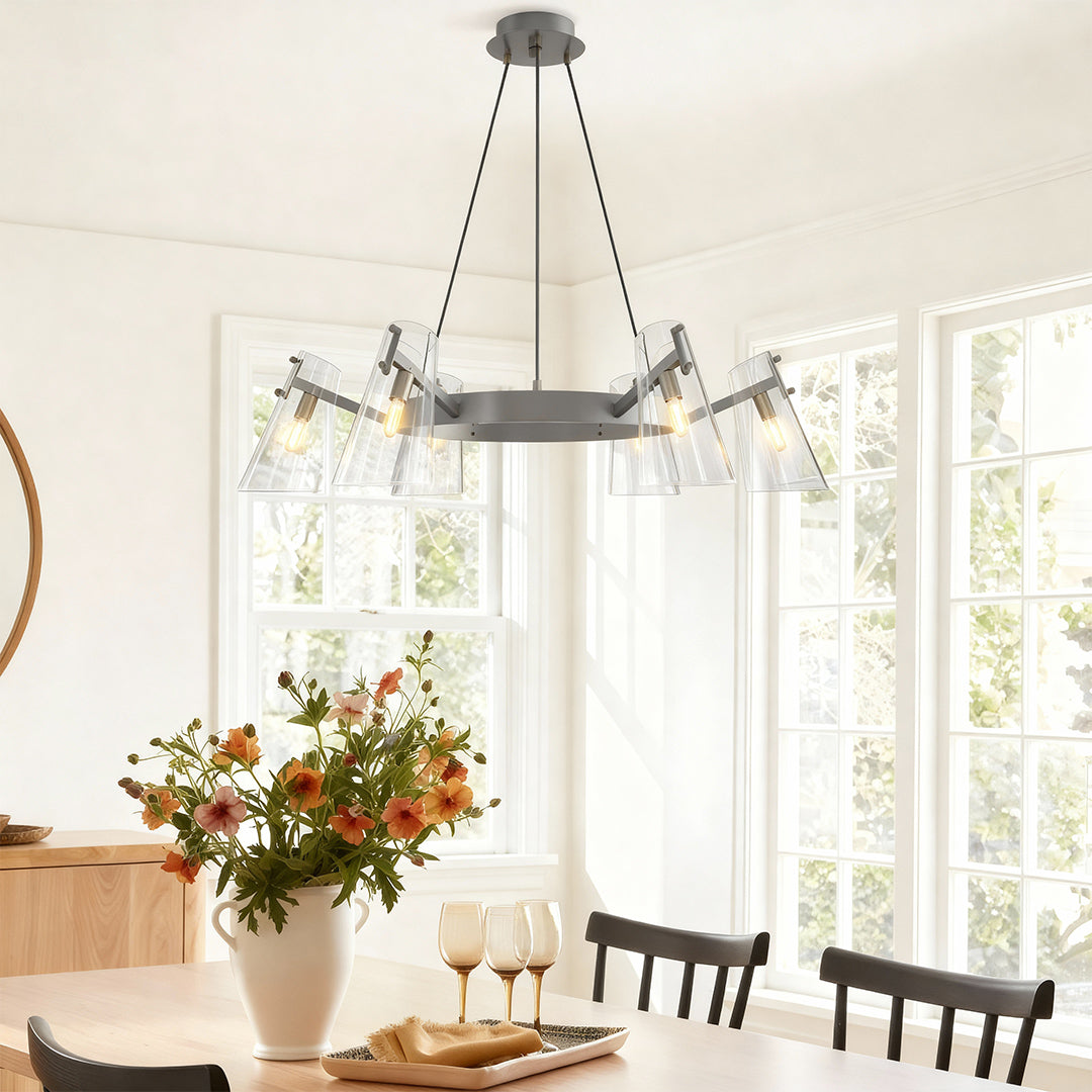 Glass flush mount lighting illuminating contemporary dining room with natural light and flowers
