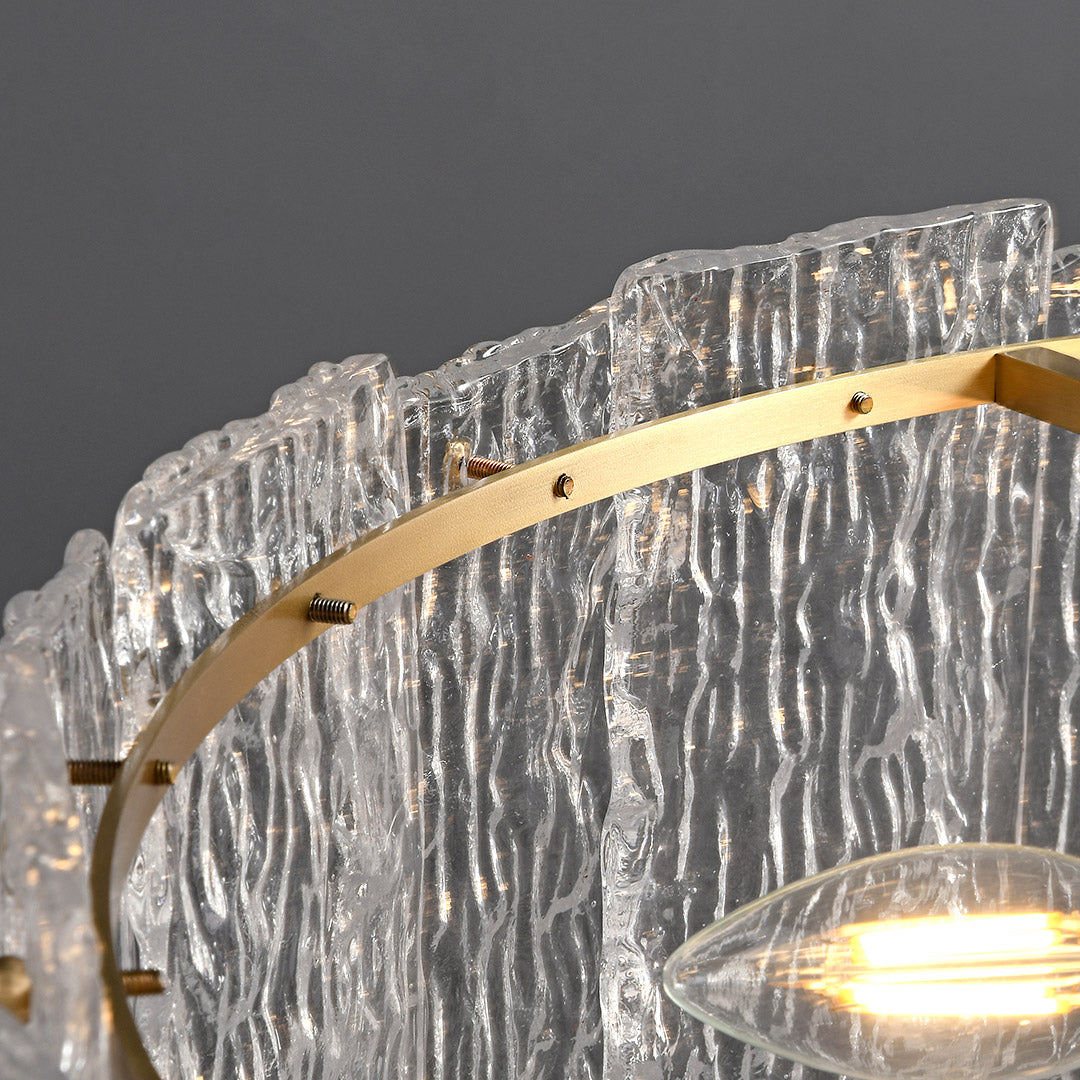 Glass flush mount lighting detail view highlighting brass frame and vertical crystal rod arrangement