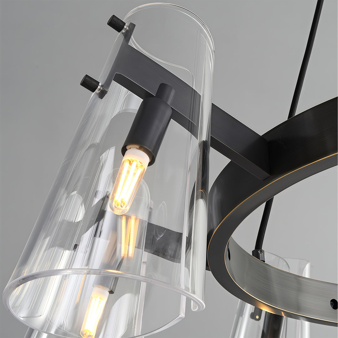 Glass flush mount lighting detail view highlighting clear conical shades and hardware construction