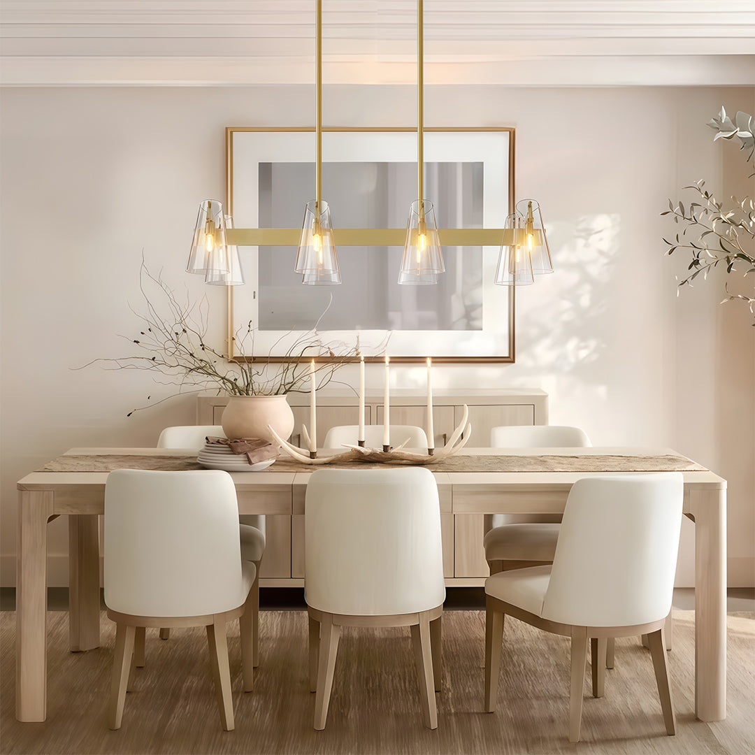 Modern luxury chandeliers style glass flush mount lighting in elegant dining room with neutral tones
