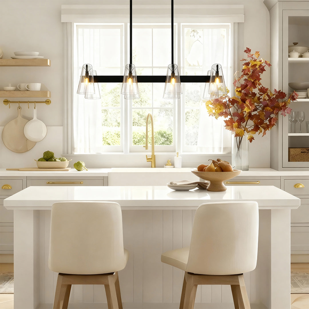 Modern luxury chandeliers inspired glass flush mount lighting above kitchen island with white chairs