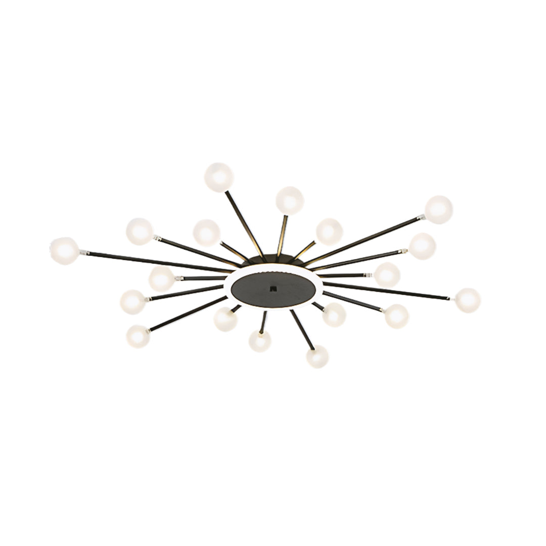 Contemporary sputnik ceiling light featuring black and chrome arms in geometric sunburst pattern, 37.4 inch width.