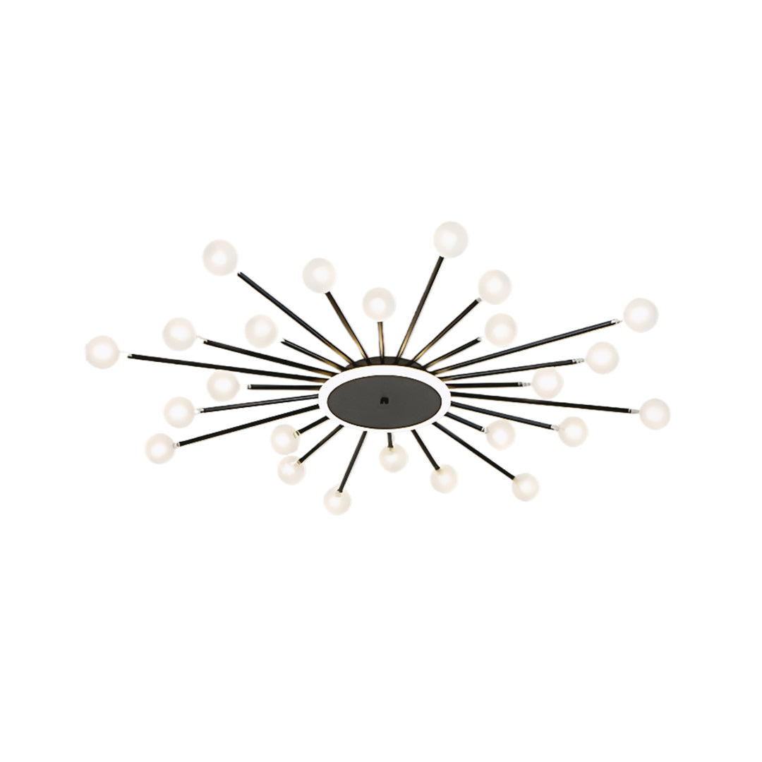 Contemporary sputnik ceiling light featuring black and chrome arms in geometric sunburst pattern, 43.3 inch width.