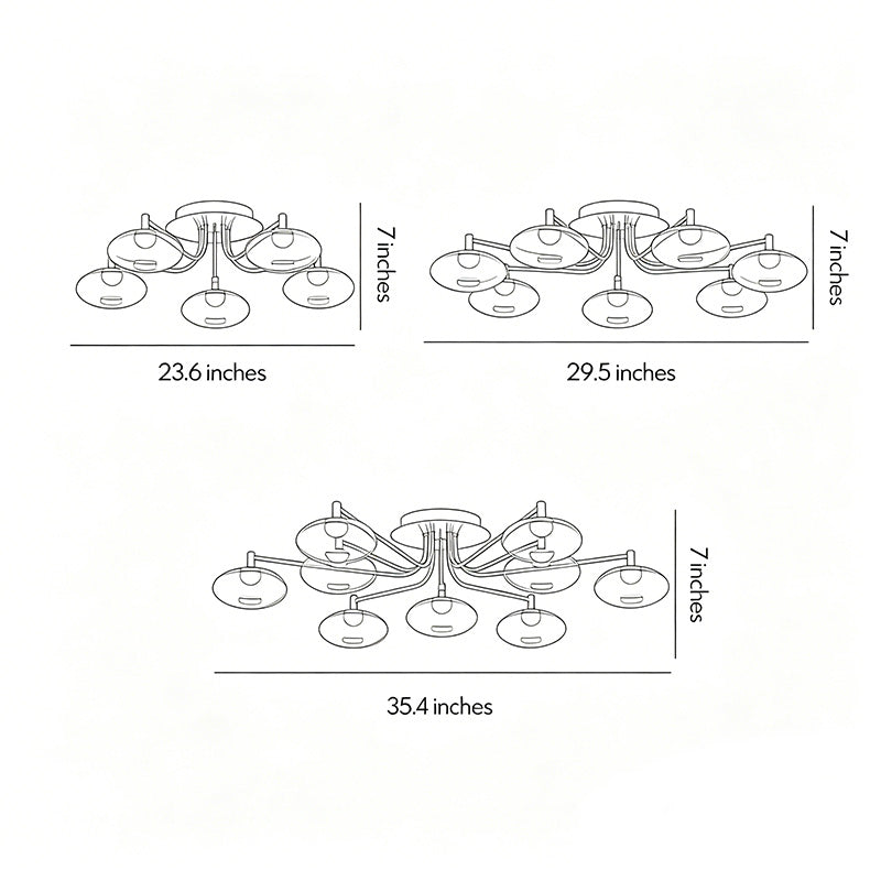 Technical dimension drawing of glass flush mount lighting showing size options and structure details.