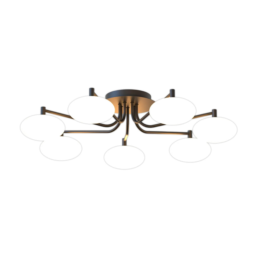 Glass flush mount light design with evenly spaced globe shades and modern curved arms.
