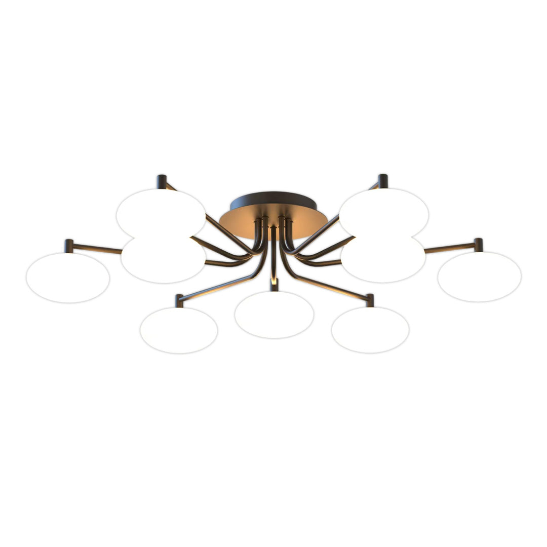 Alternative glass flush mount lighting configuration with expanded arm layout and globe bulbs.