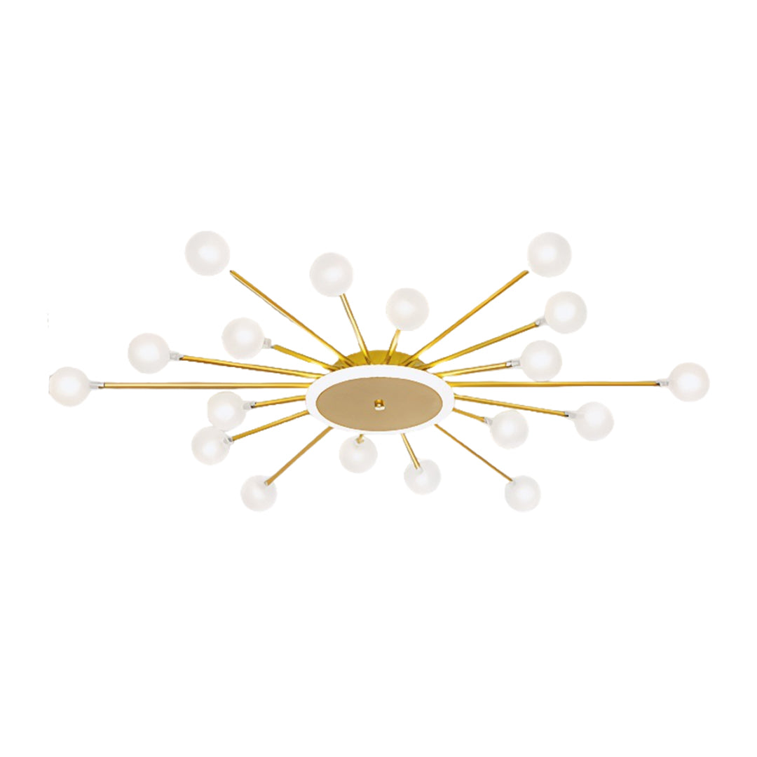 Contemporary sputnik ceiling light featuring gold and chrome arms in geometric sunburst pattern, 37.4 inch width.