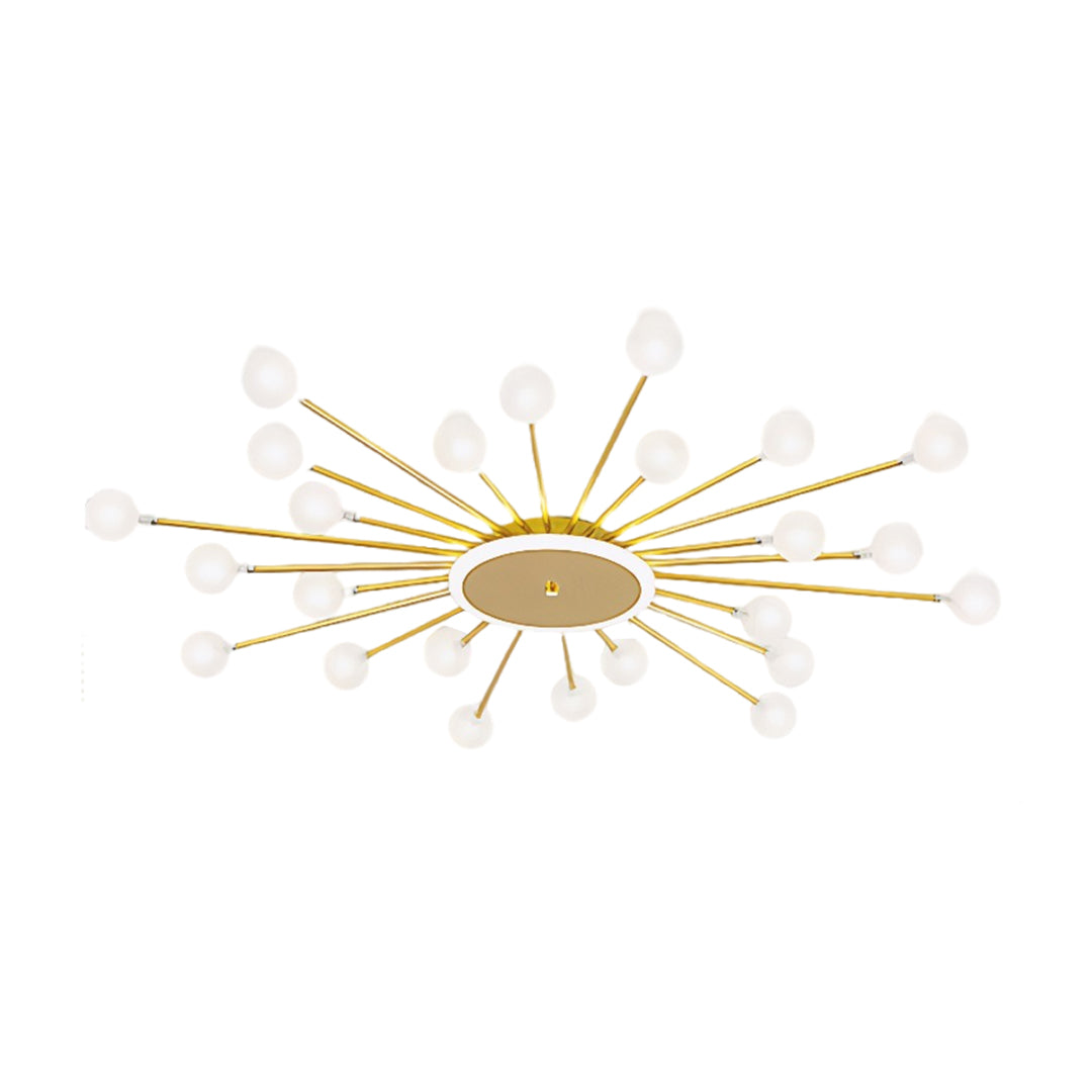 Contemporary sputnik ceiling light featuring gold and chrome arms in geometric sunburst pattern, 43.3 inch width.