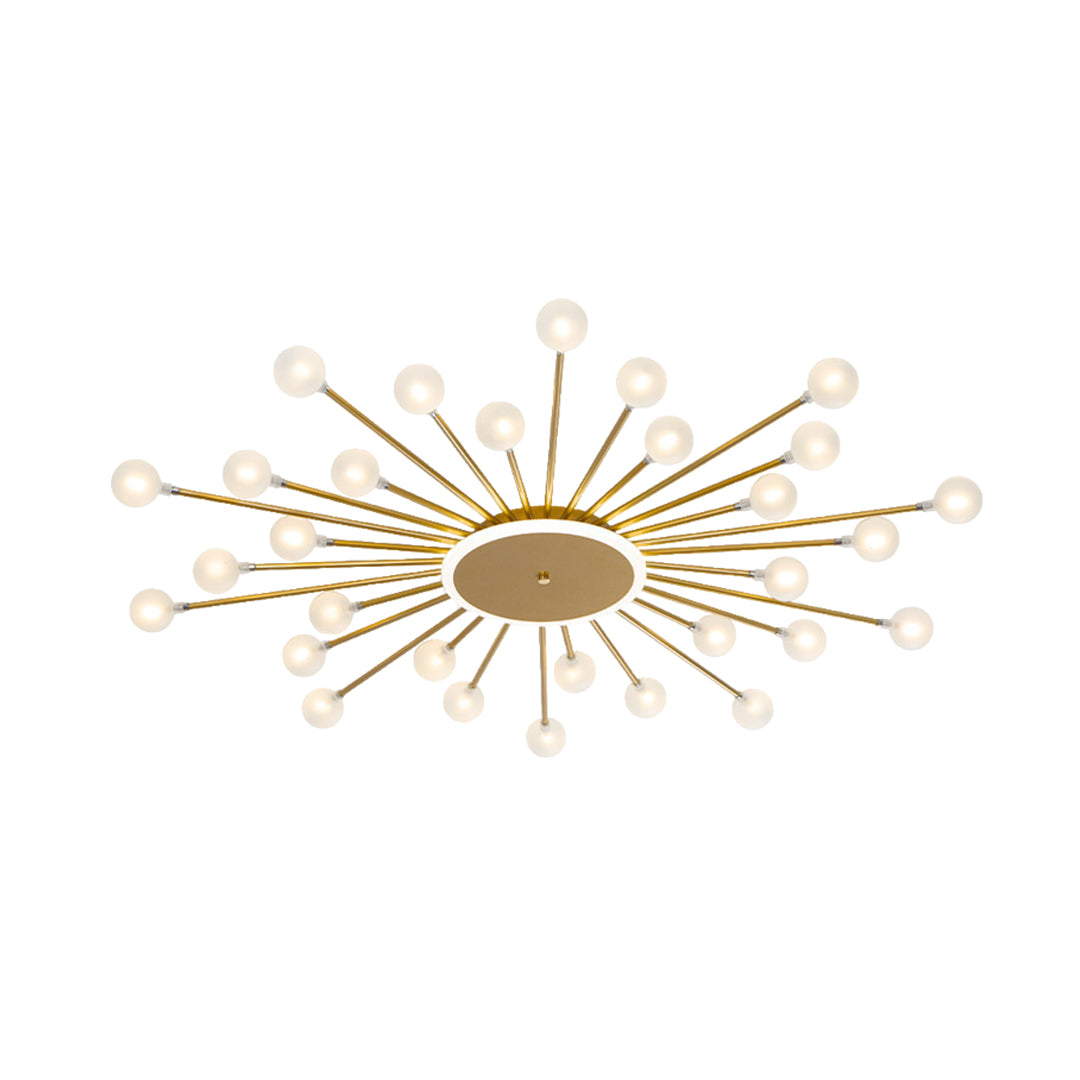 Contemporary sputnik ceiling light featuring gold and chrome arms in geometric sunburst pattern, 45.2 inch width.