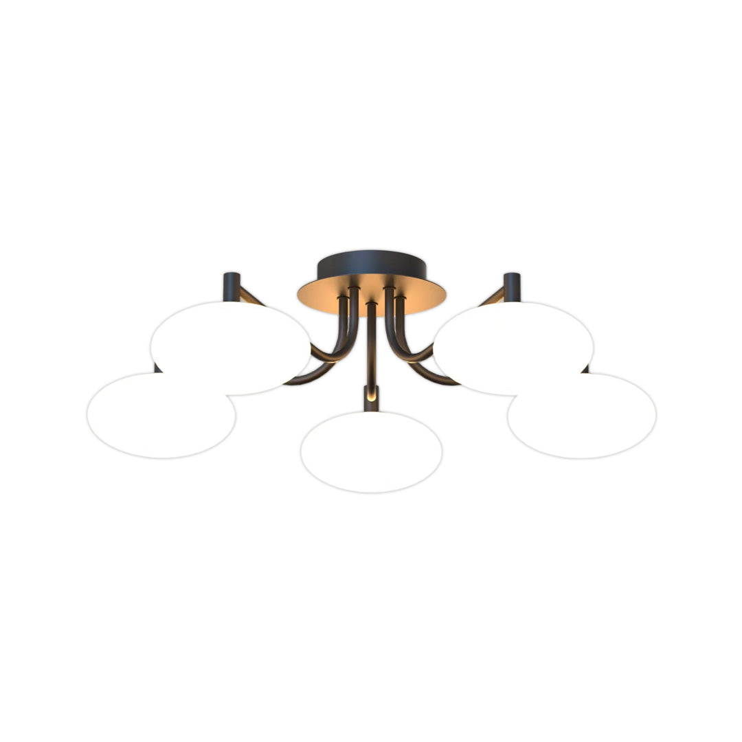 Product outline of glass flush mount lighting fixture showing arm structure and globe placement.