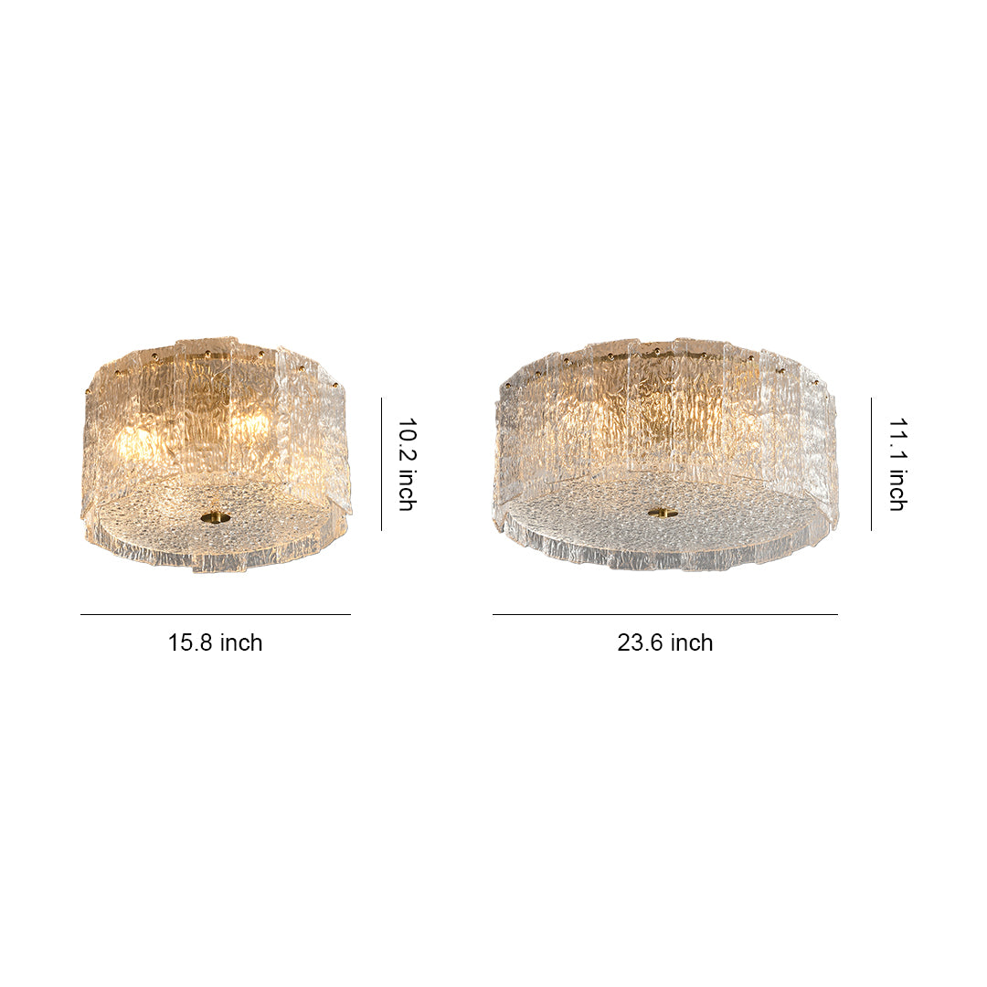 Glass flush mount lighting specification diagram showing two size options with dimensions