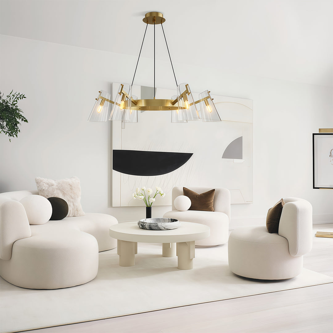 Glass flush mount lighting creating focal point in modern dining space with round table