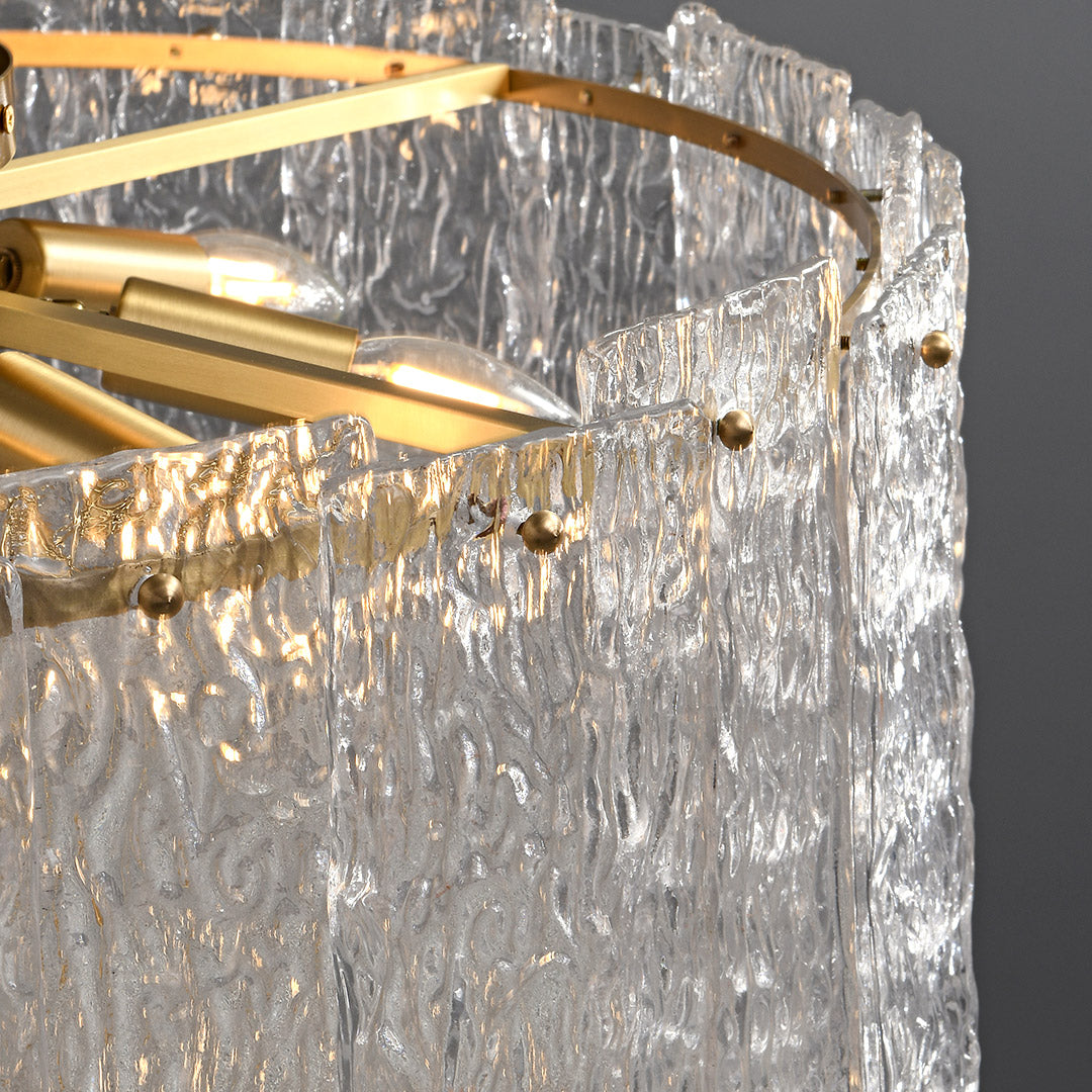 Glass flush mount lighting perspective view showcasing circular brass frame and dense crystal configuration