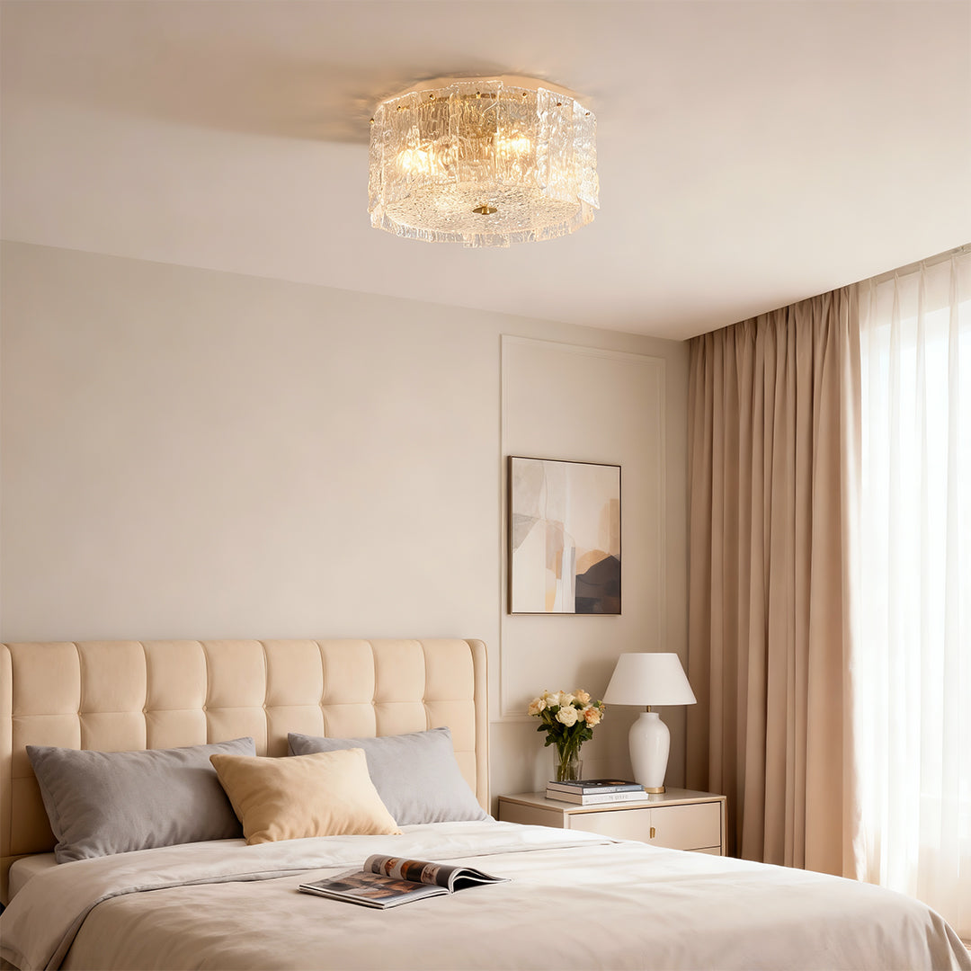 Modern luxury chandeliers inspired glass flush mount lighting illuminating serene bedroom with neutral tones