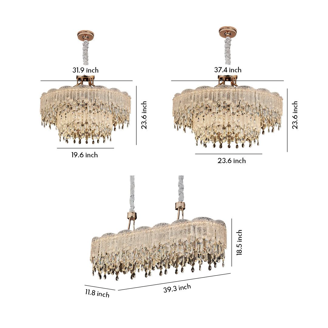 Detailed measurement guide for round and oval glass fringe chandeliers with gold finish.