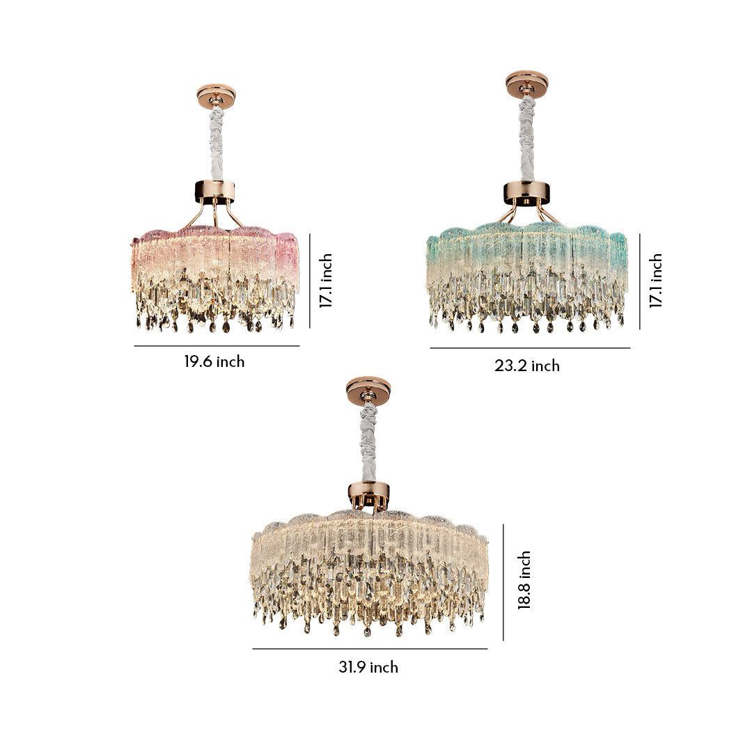 Glass fringe chandeliers size chart showing multiple shapes and installation dimensions.