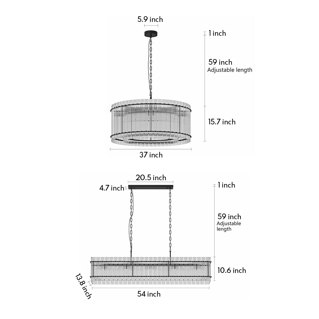 Elegant glass lamp shade chandelier with layered crystal design, available in two shapes and two sizes for versatile dining spaces.