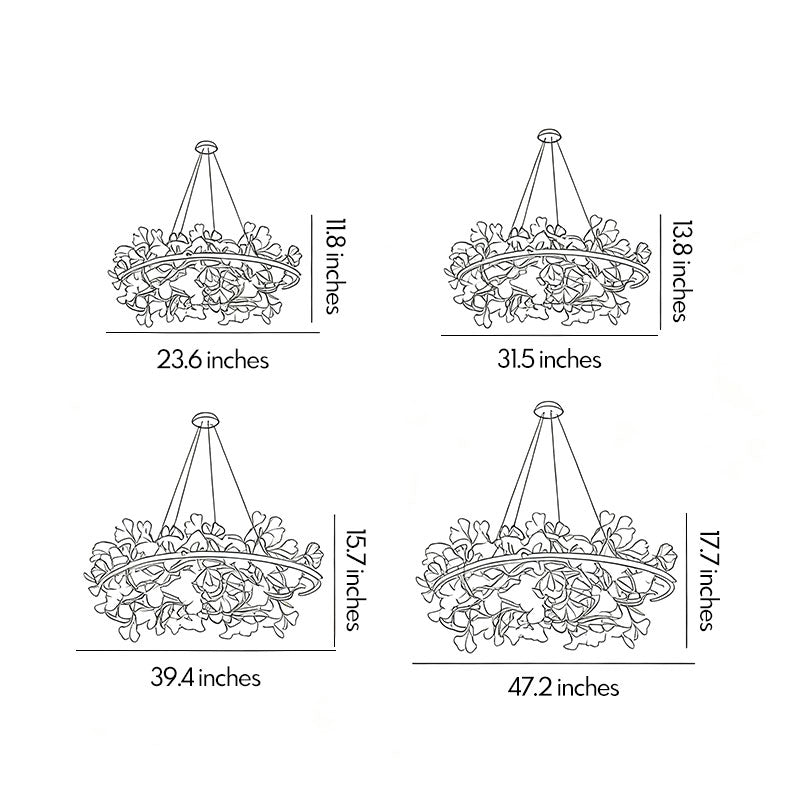 Glass leaf chandelier dimension drawing showing four fixture sizes and overall hanging proportions.