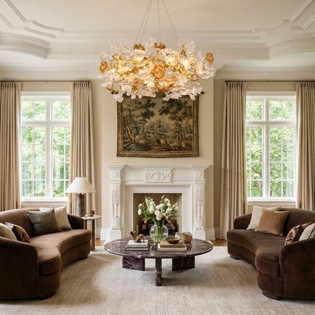 Glass leaf chandelier creating a luxurious focal point in a traditional living room.