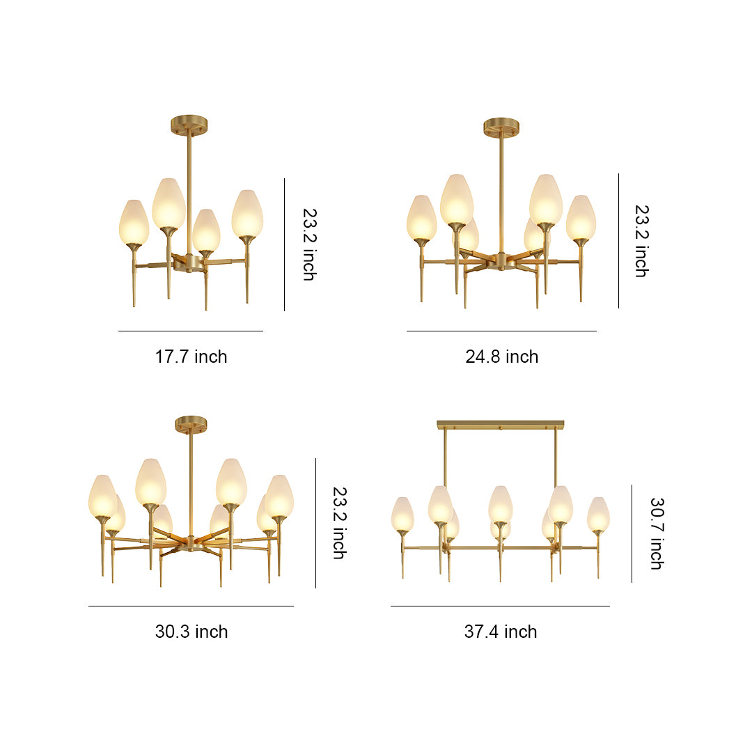 Glass modern chandelier with glass shade chandelier design showing multiple configuration options in 4-light and linear arrangements with dimensions.