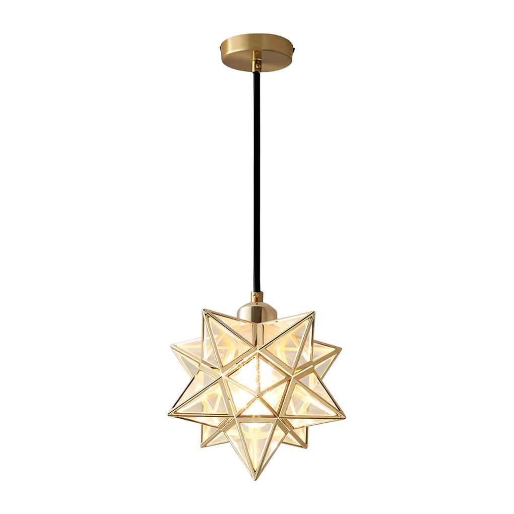 Gold glass Moravian star pendant light with a sleek ceiling mount in a modern interior setting.
