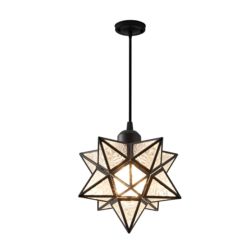 Gold glass Moravian star pendant light with a white ceiling mount in a bright interior.