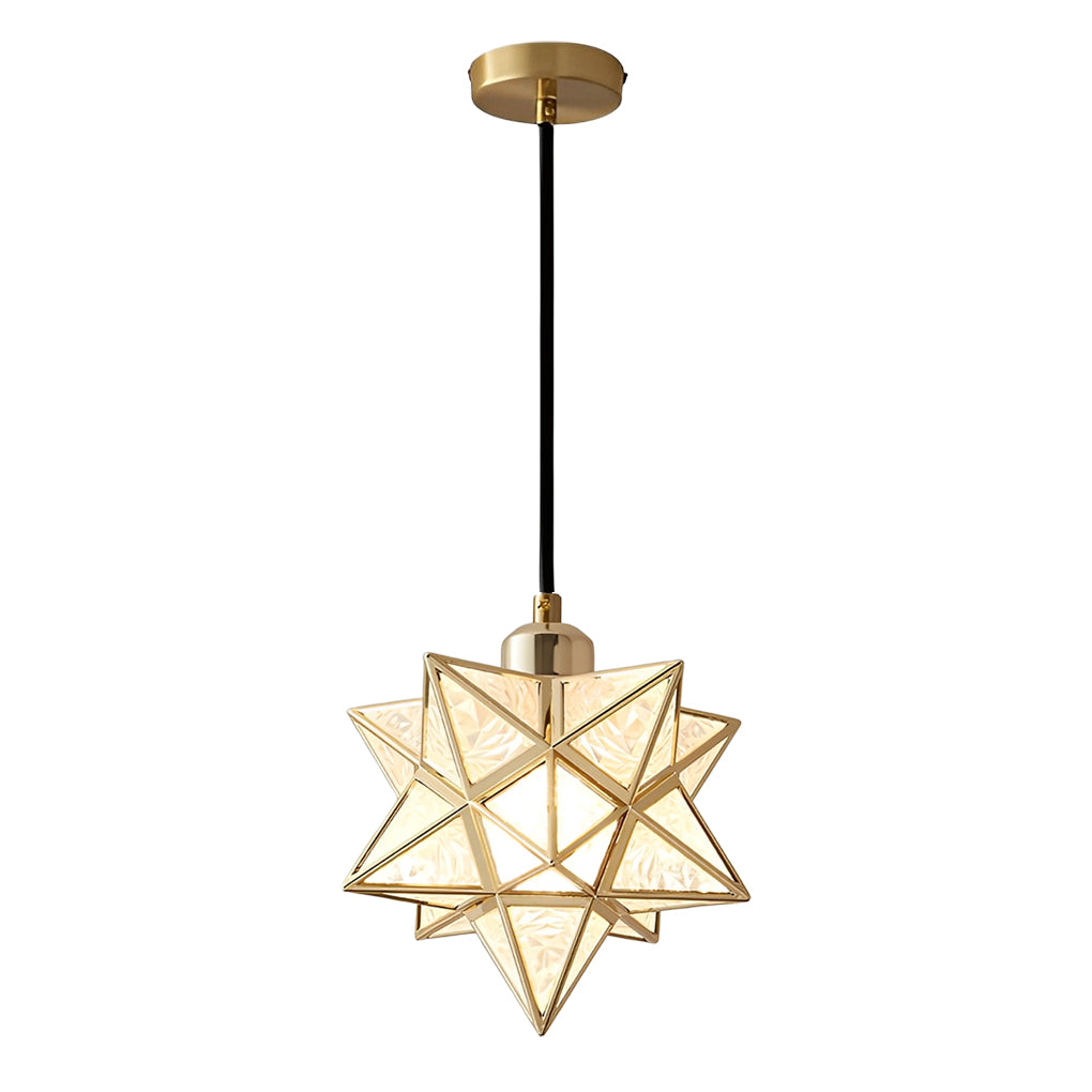 Single glass Moravian star pendant light with a black ceiling mount in a minimalist room.