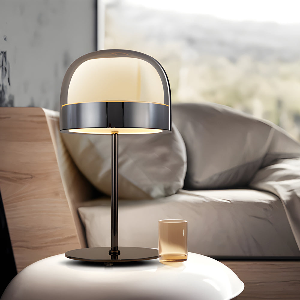 Close-up of a glass mushroom table lamp showcasing its elegant glass shade and copper base.