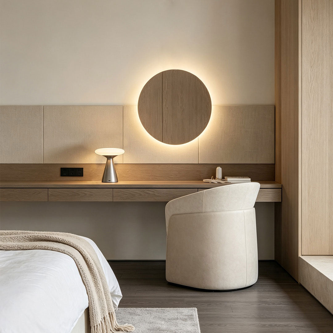 Glass mushroom table lamp placed on a floating nightstand in a minimalist bedroom with a round wall accent.