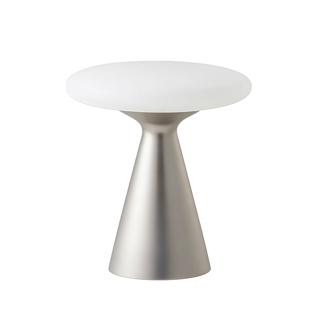 Glass mushroom table lamp in a white background product view with a rounded mushroom shade and tapered metallic base.