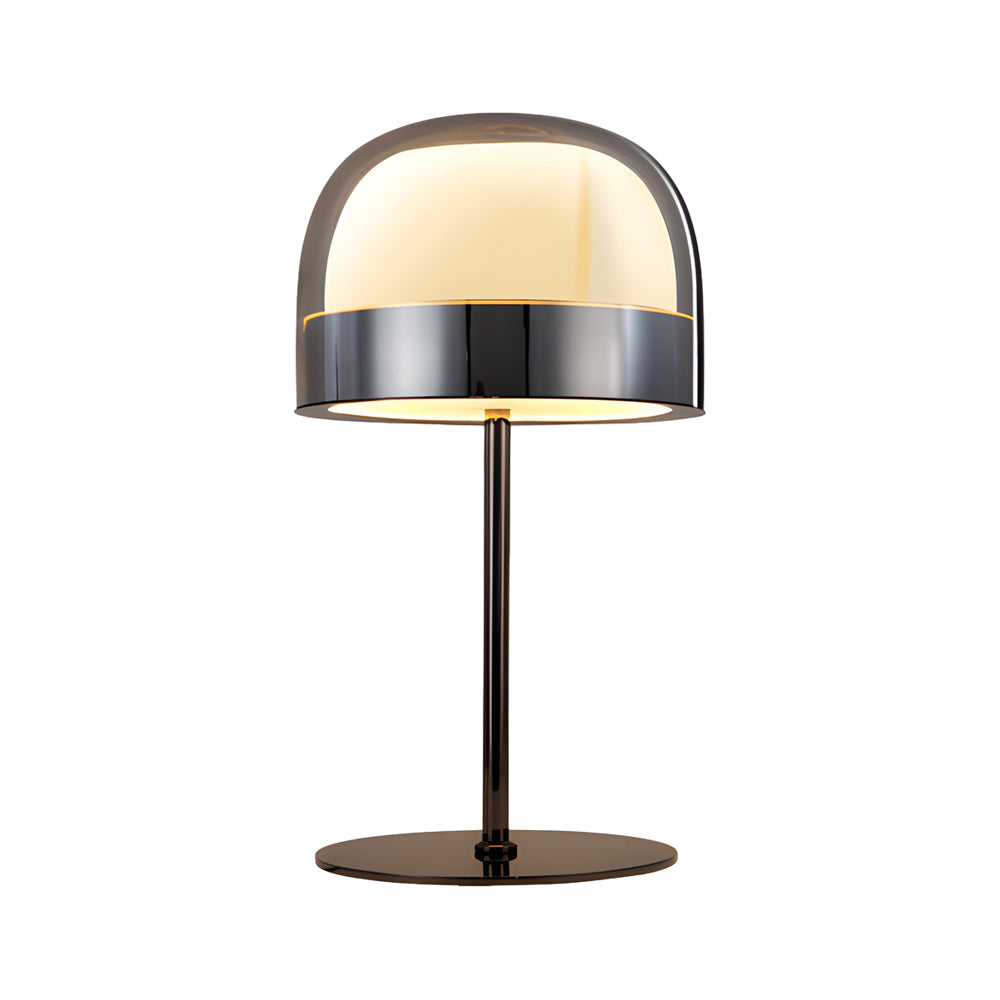 Glass mushroom table lamp with a sleek design, placed on a minimalist console table.