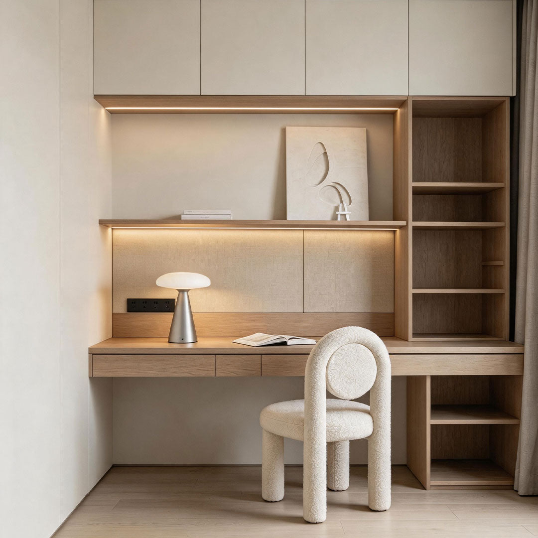 Glass mushroom table lamp set on a desk in a built-in study nook with shelving and a modern chair.