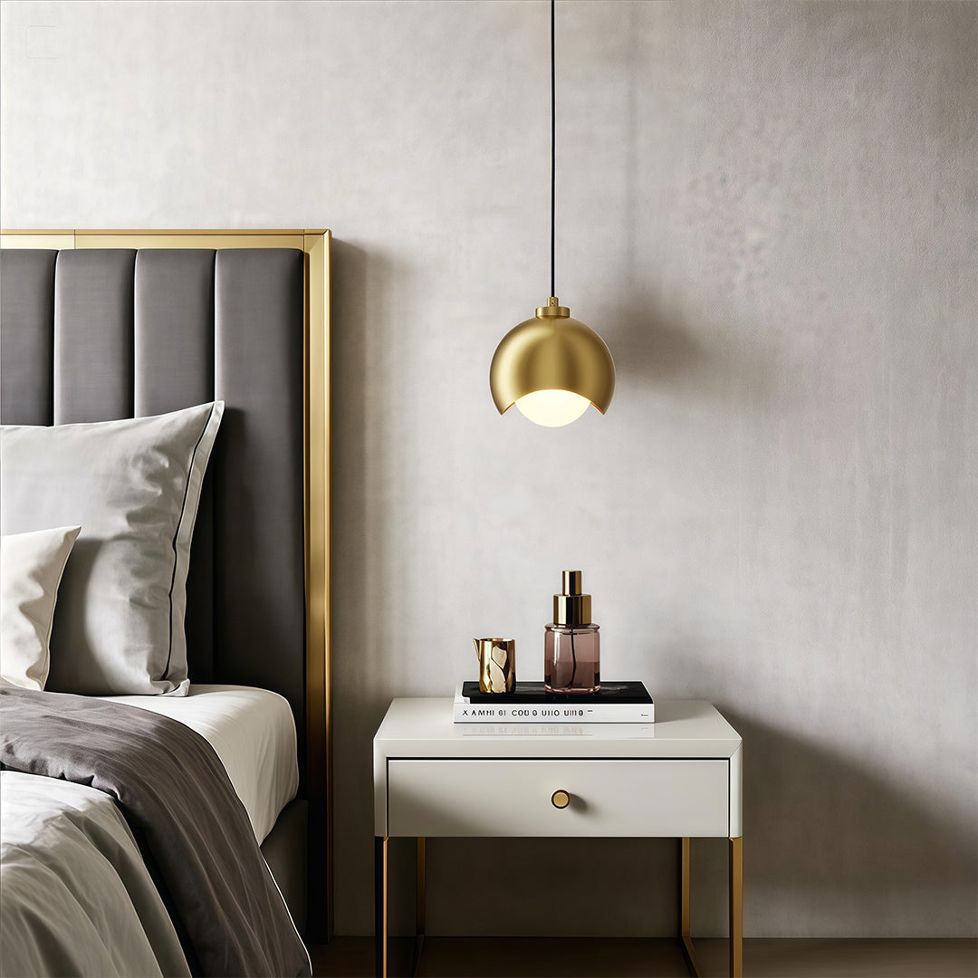 Modern luxury chandeliers inspired glass pendant light fixture beside bed with textured headboard