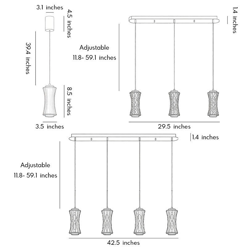 Glass pendant light fixtures technical drawing with dimensions and multiple installation configuration options.