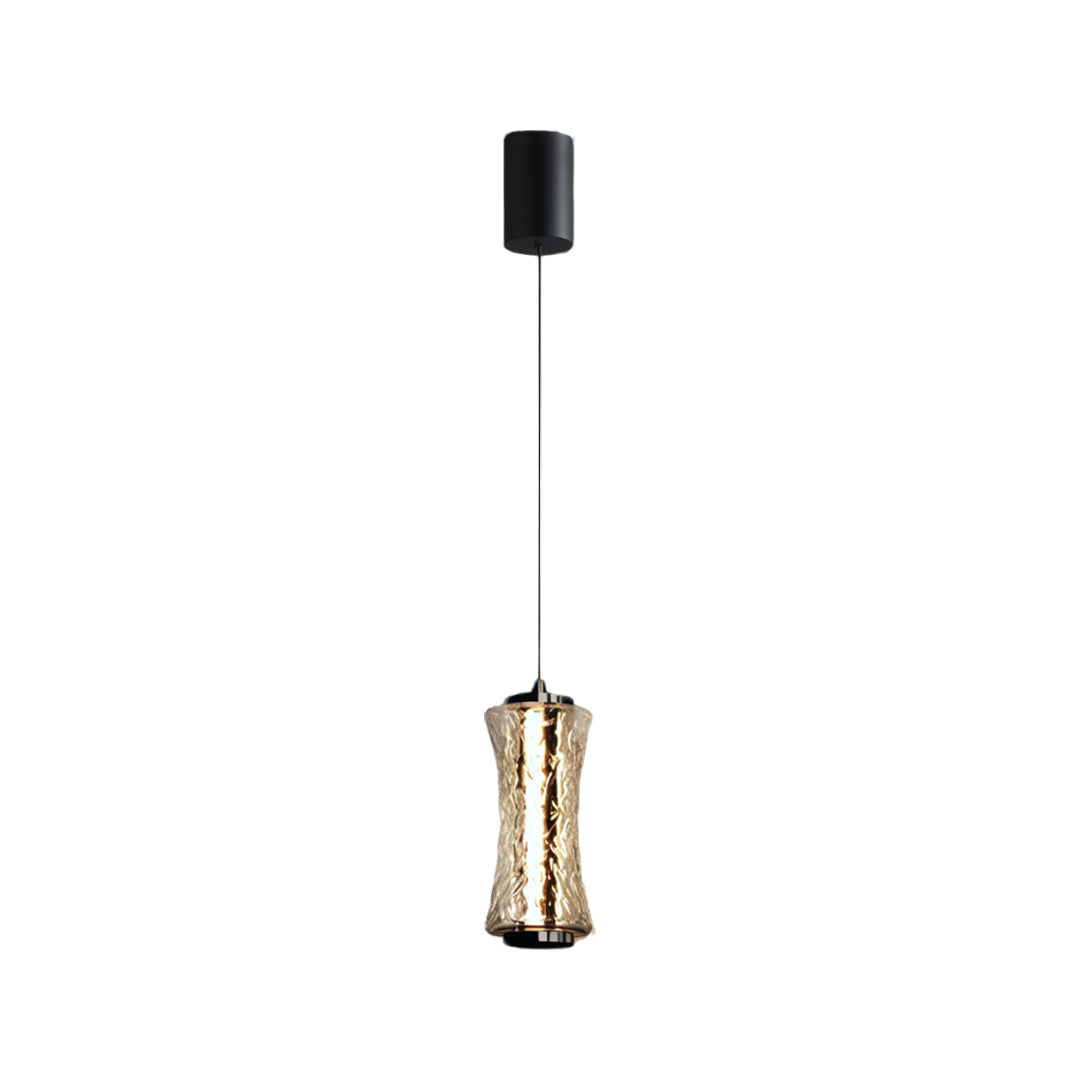 Glass pendant light fixtures in a single-light configuration featuring a decorative textured crystal glass shade.
