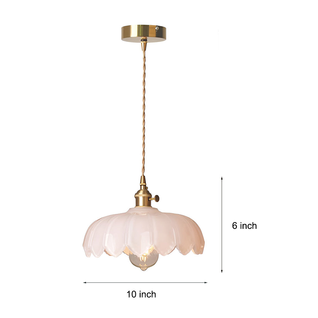 Glass pendant light with pink scalloped shade shown with size dimensions, brass canopy and hanging cord.
