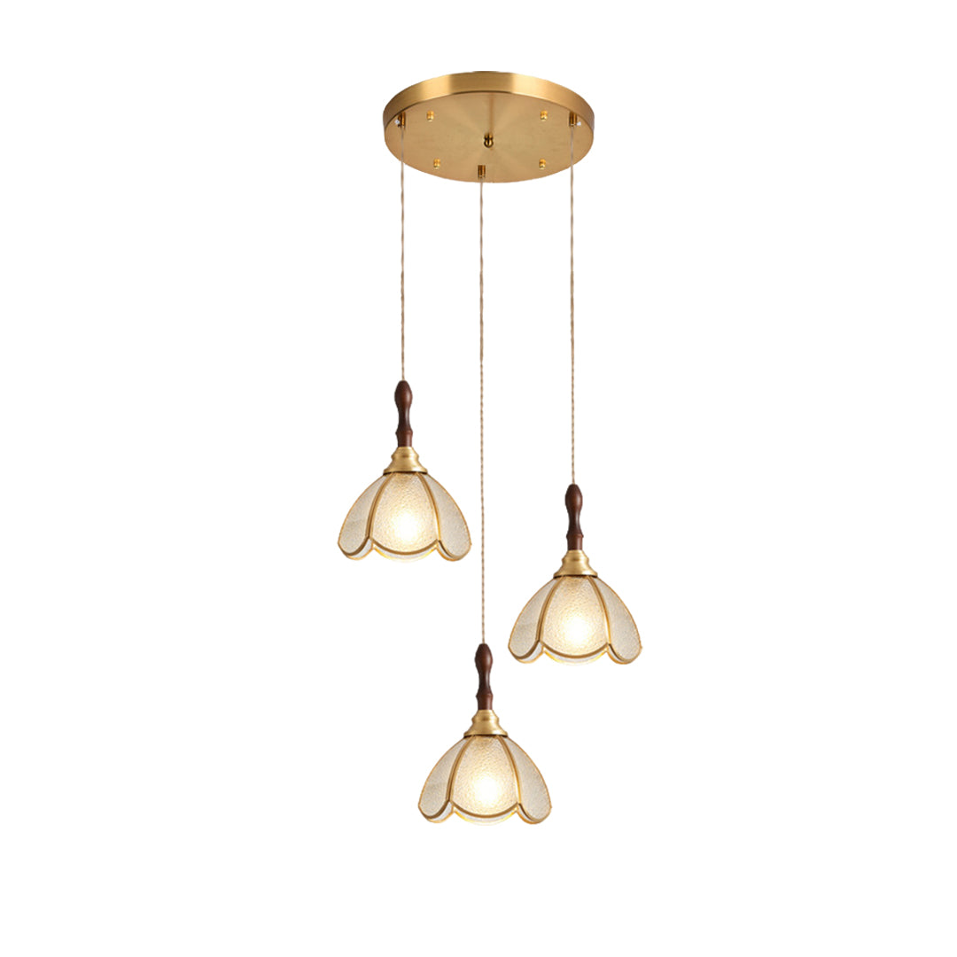 Ceiling mount for glass pendant lighting, featuring a gold finish and intricate wiring detail.