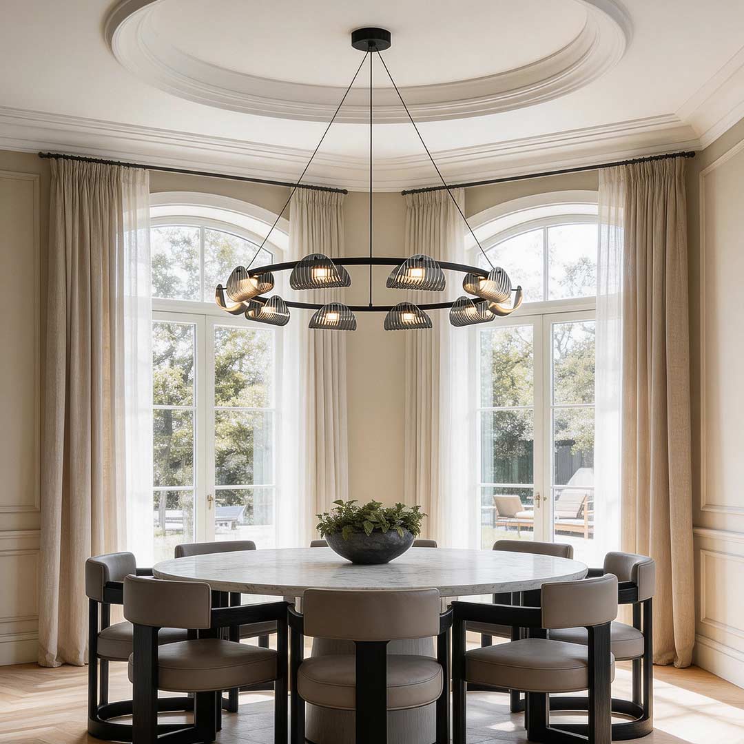 Glass ring chandelier with a sleek design, illuminating a contemporary dining room.