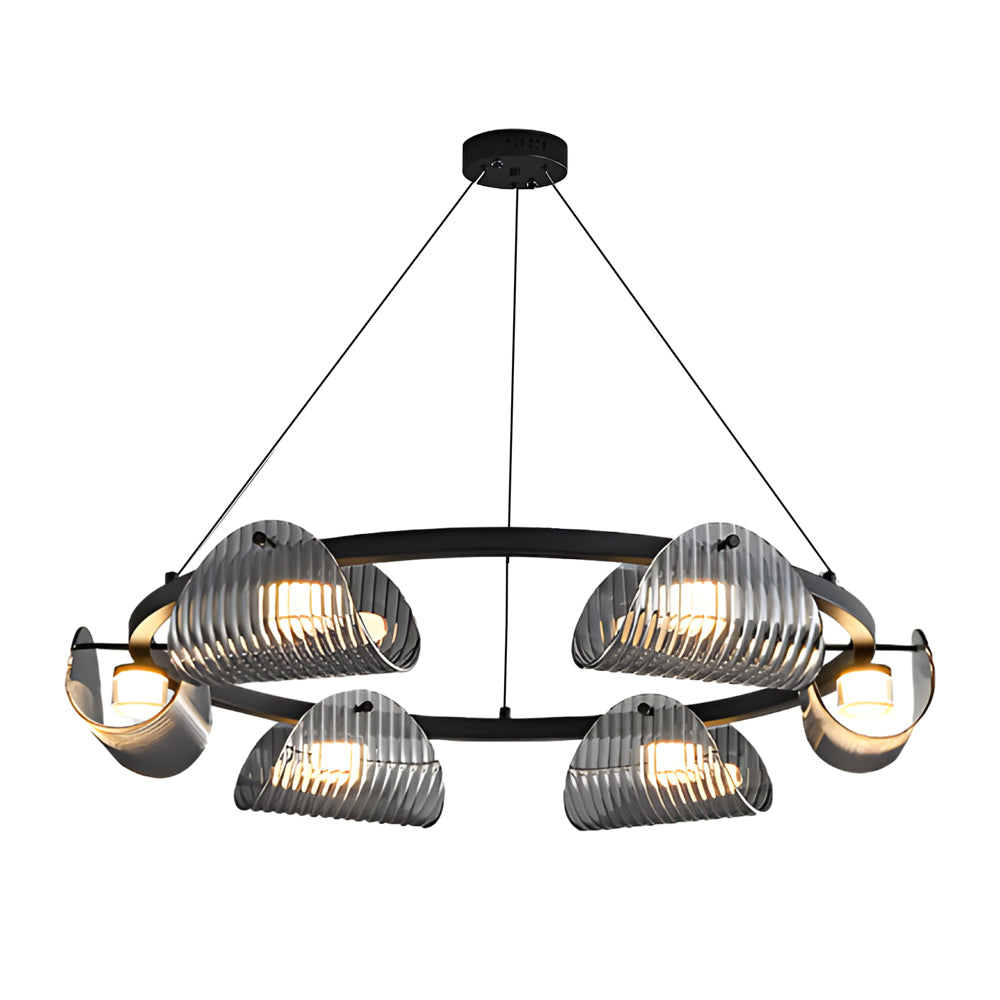 Glass ring chandelier with a sleek metal frame, illuminating a contemporary dining area.