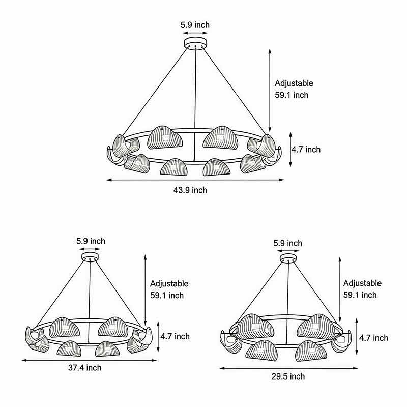 Technical diagram of glass ring chandelier showing dimensions and installation details.