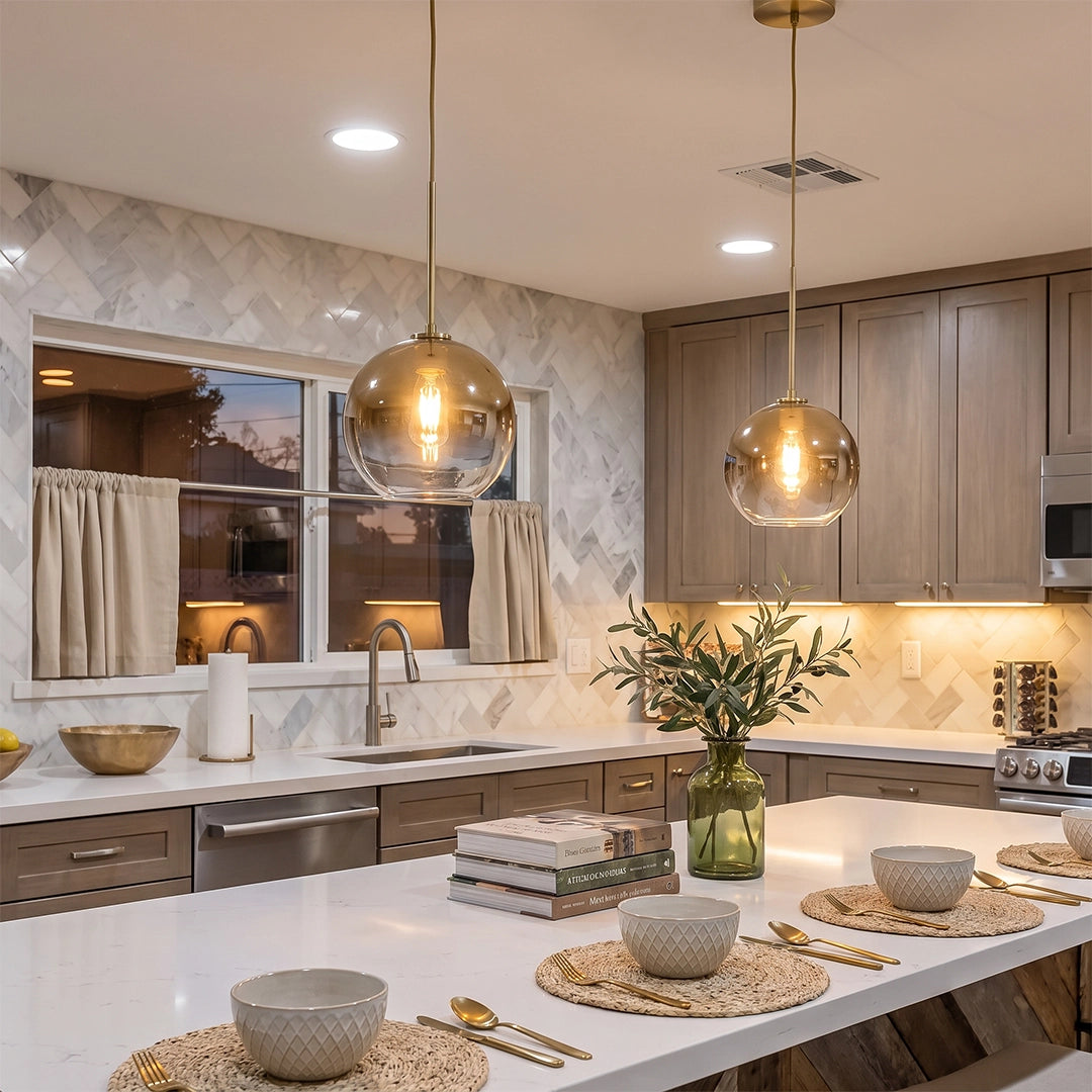 Glass round pendant light glowing above a modern kitchen island with warm wood cabinetry.