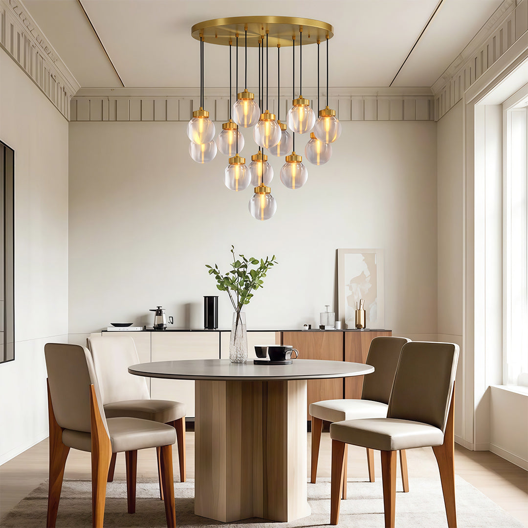 Modern luxury chandeliers style glass semi flush mount lighting above contemporary dining space