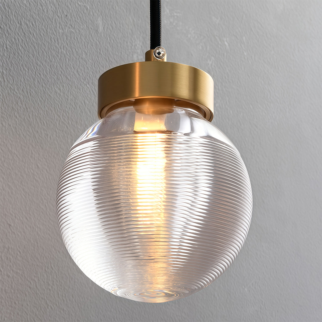 Modern luxury chandeliers style glass semi flush mount lighting close-up with brass and ribbed glass