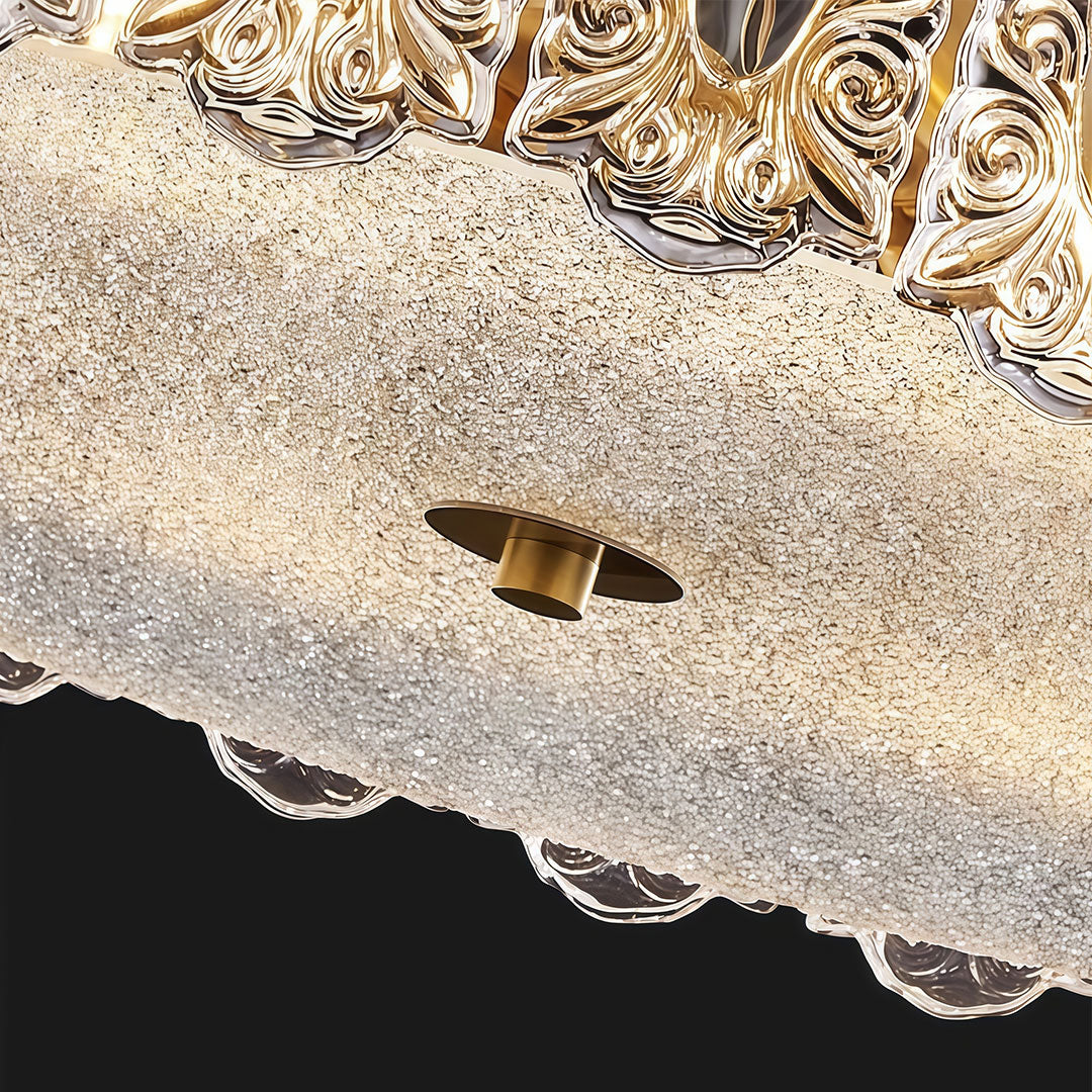 Glass semi flush mount lighting close-up detail showcasing textured crystal and brass craftsmanship