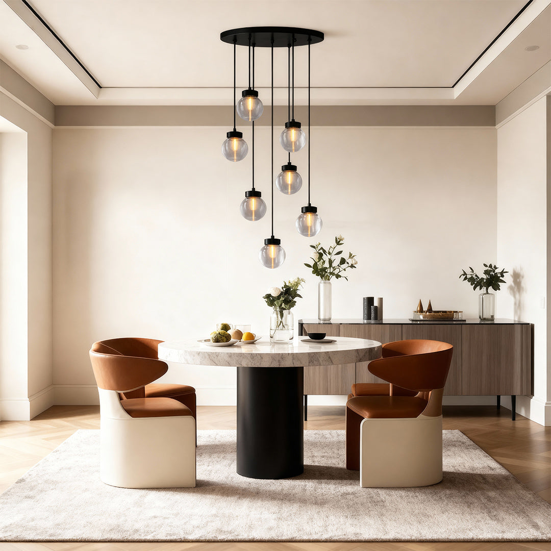 Modern luxury chandeliers style glass semi flush mount lighting above contemporary dining with rust chairs